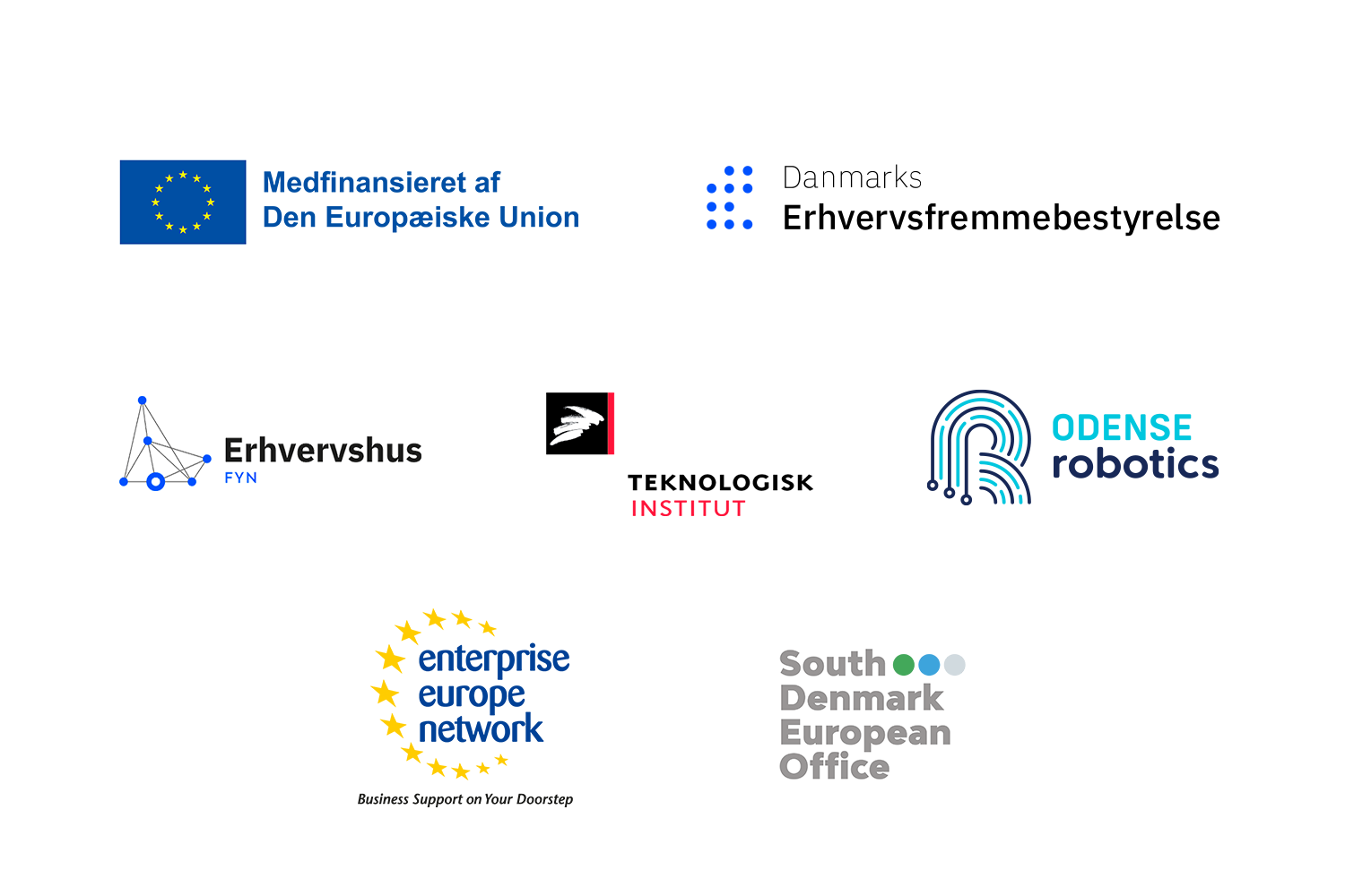 Logoer: Medfinansieret af Den Europæiske Union, Danmarks Erhvervsfremmebestyrelse, Erhvervshus Fyn, Teknologisk Institut, Odense Robotics, Enterprise Europe Netværk, South Denmark European Office