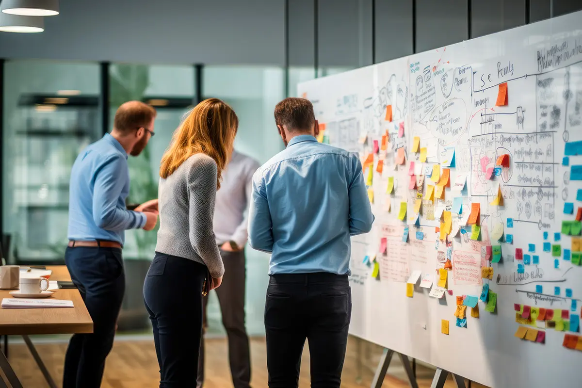 Gruppe af mennesker ved en tavle fyldt med post-it